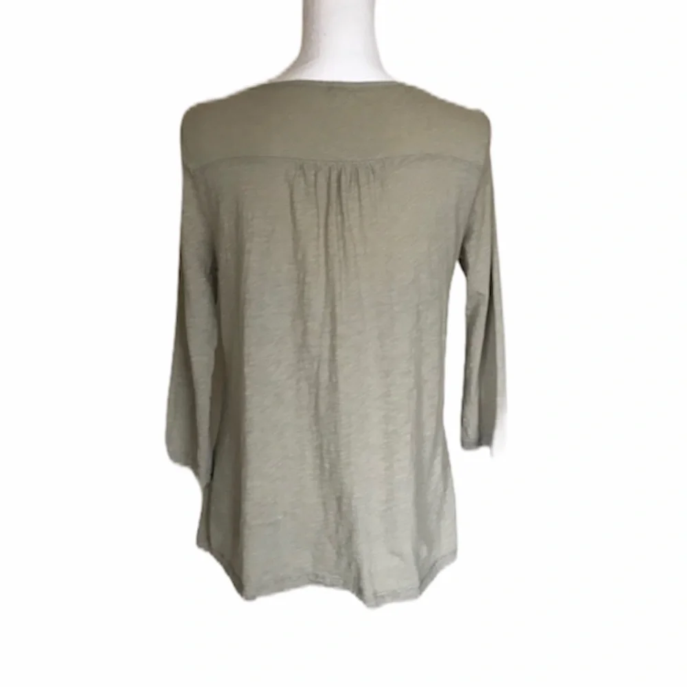 J.Crew Olive Green V-Neck Embroidered Front Top 3/4 Sleeve Blouse Sm Casual Boho